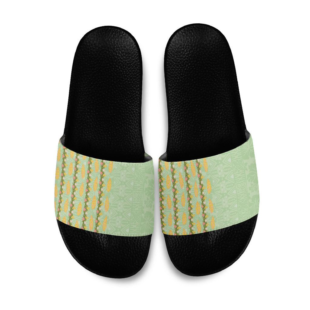 Hawaii Shell Tiare Anthurium Heliconia Lei Slide Sandals With Tapa Pattern Baby Green LT05 Green - Polynesian Pride