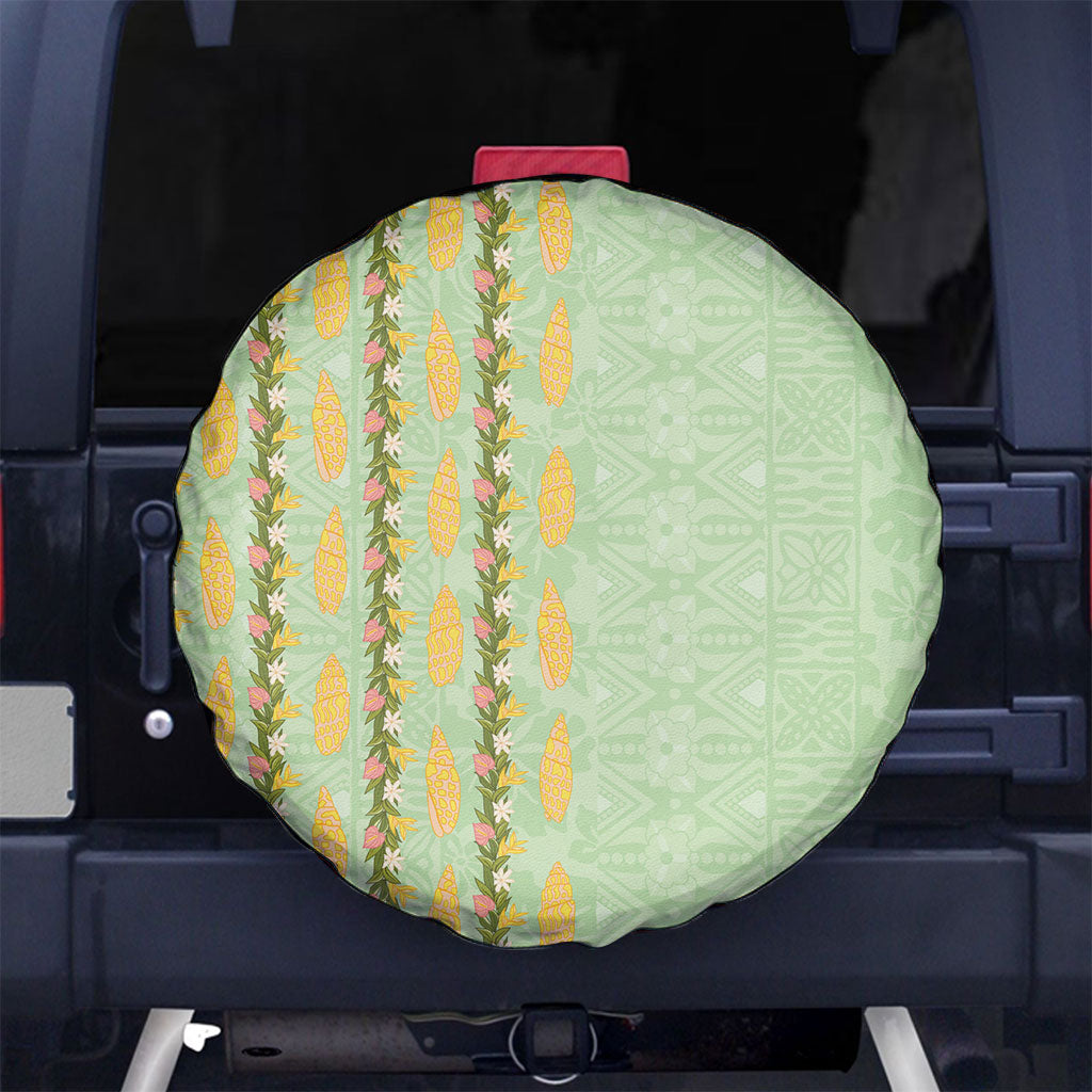 Hawaii Shell Tiare Anthurium Heliconia Lei Spare Tire Cover With Tapa Pattern Baby Green LT05 No hole Green - Polynesian Pride