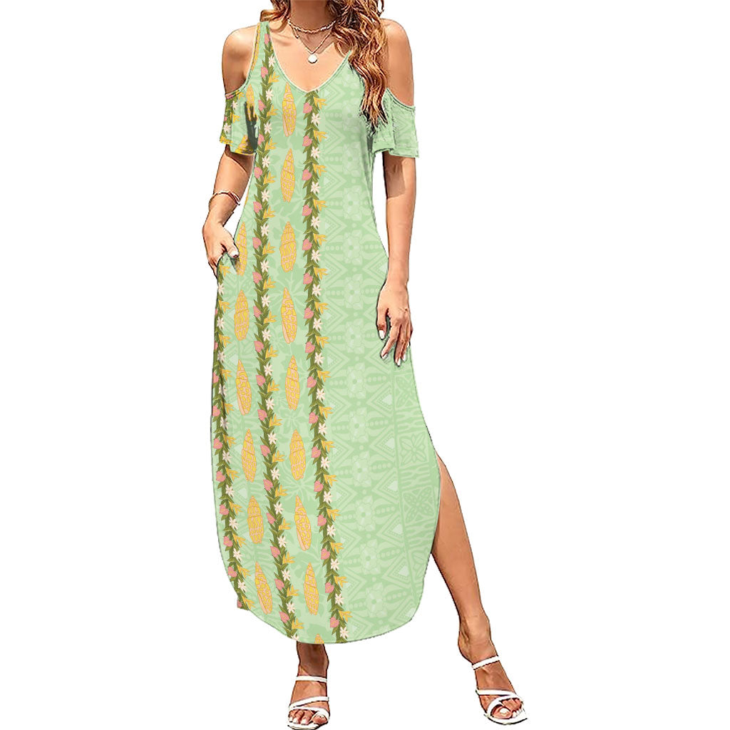 Hawaii Shell Tiare Anthurium Heliconia Lei Summer Maxi Dress With Tapa Pattern Baby Green