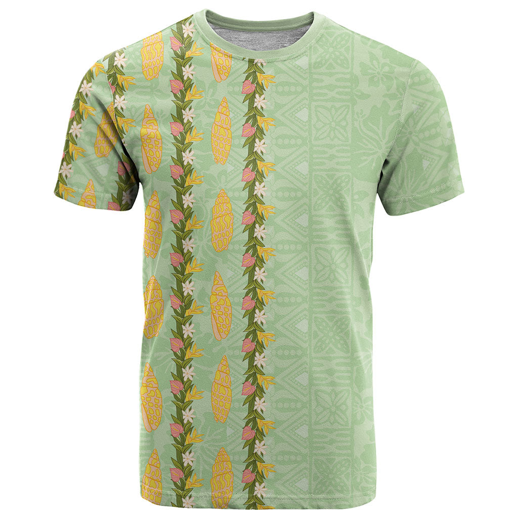 Hawaii Shell Tiare Anthurium Heliconia Lei T Shirt With Tapa Pattern Baby Green LT05 Green - Polynesian Pride