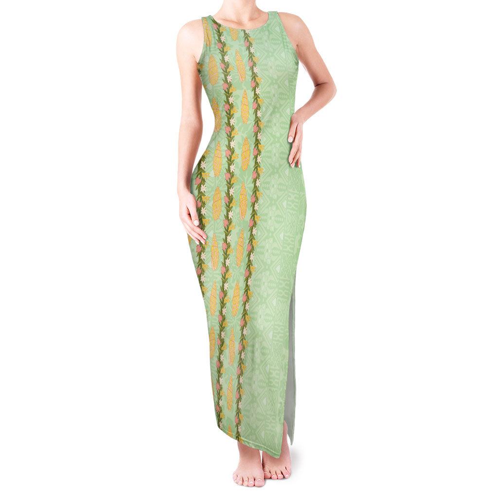 Hawaii Shell Tiare Anthurium Heliconia Lei Tank Maxi Dress With Tapa Pattern Baby Green