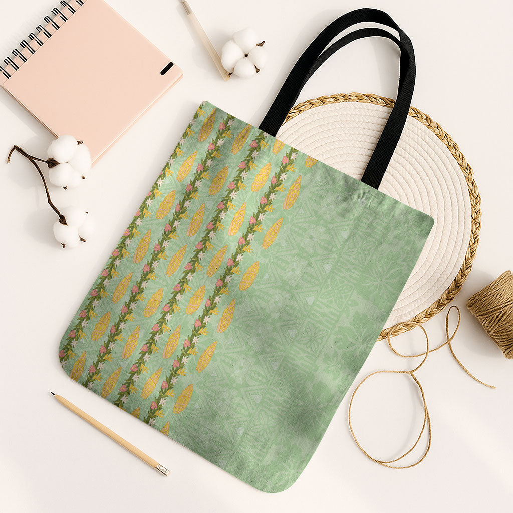 Hawaii Shell Tiare Anthurium Heliconia Lei Tote Bag With Tapa Pattern Baby Green LT05 Black Strap One Size Green - Polynesian Pride