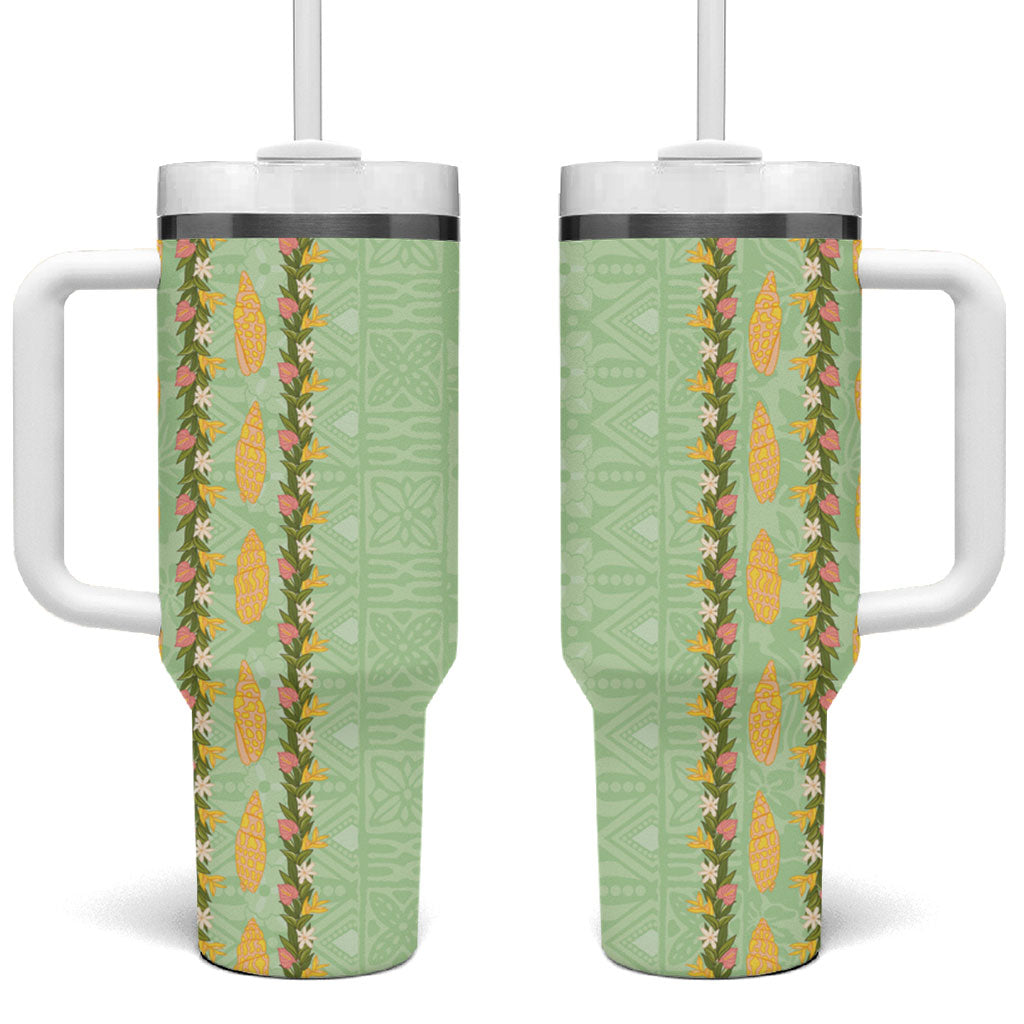 Hawaii Shell Tiare Anthurium Heliconia Lei Tumbler With Handle With Tapa Pattern Baby Green LT05 One Size: 40 oz Green - Polynesian Pride