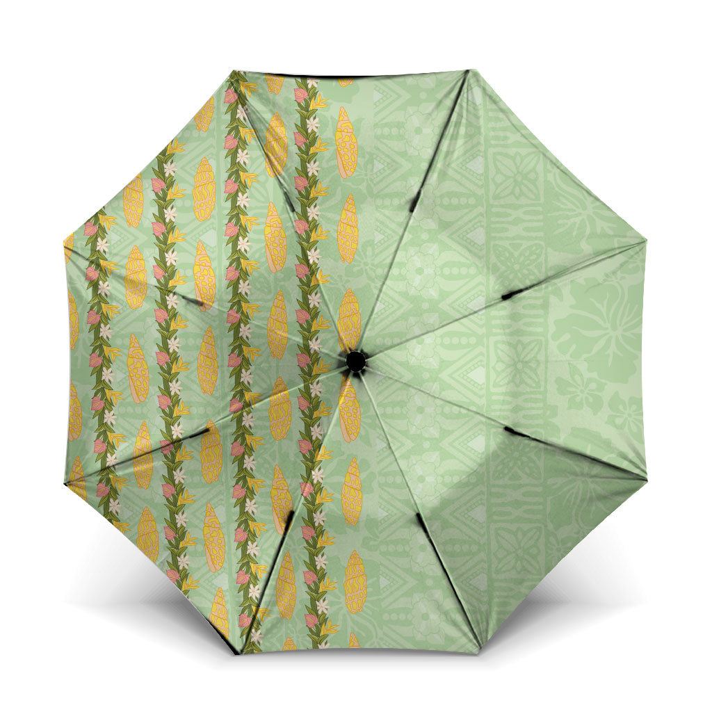 Hawaii Shell Tiare Anthurium Heliconia Lei Umbrella With Tapa Pattern Baby Green