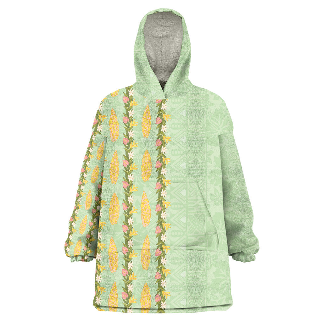 Hawaii Shell Tiare Anthurium Heliconia Lei Wearable Blanket Hoodie With Tapa Pattern Baby Green LT05 One Size Green - Polynesian Pride
