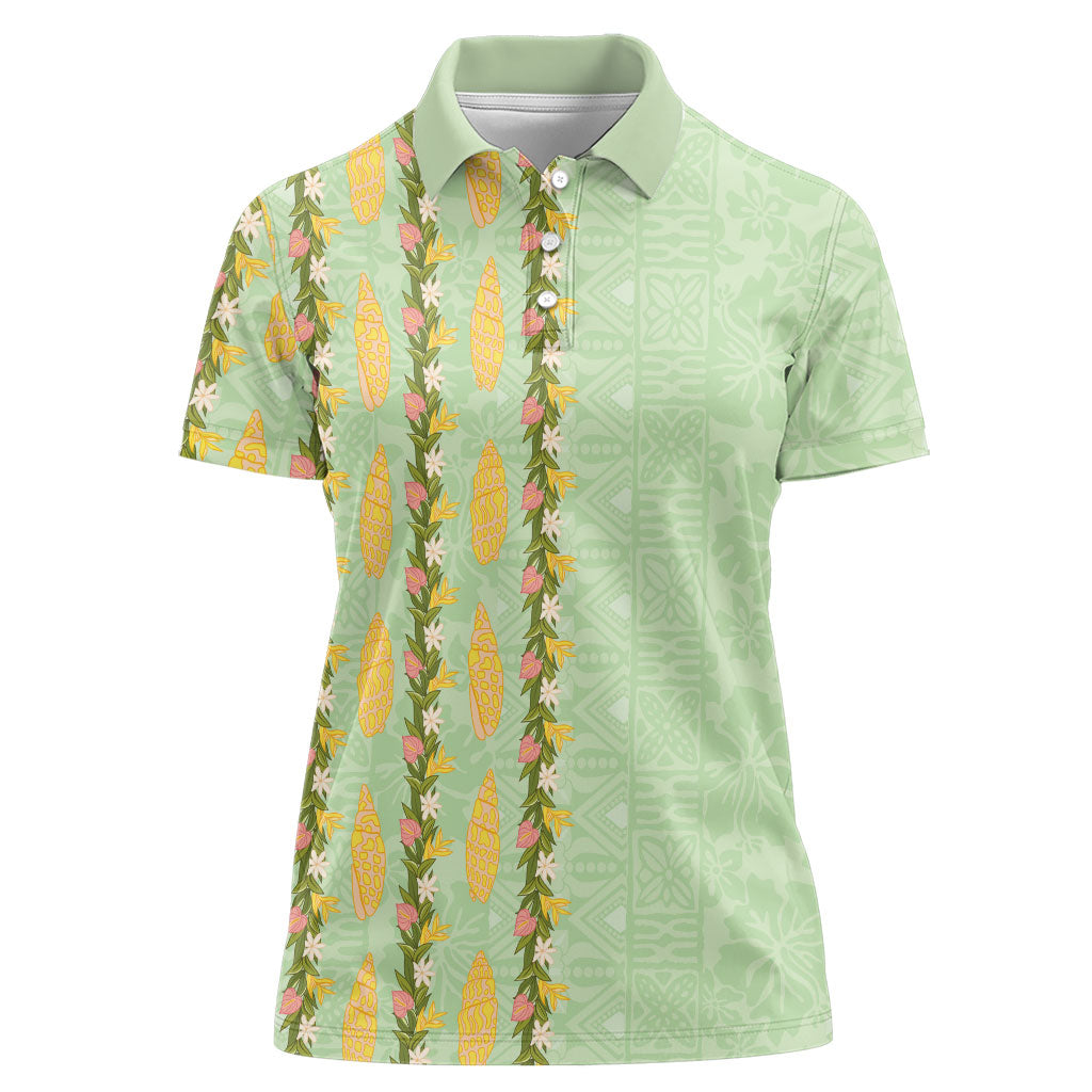 Hawaii Shell Tiare Anthurium Heliconia Lei Women Polo Shirt With Tapa Pattern Baby Green LT05 Female Green - Polynesian Pride