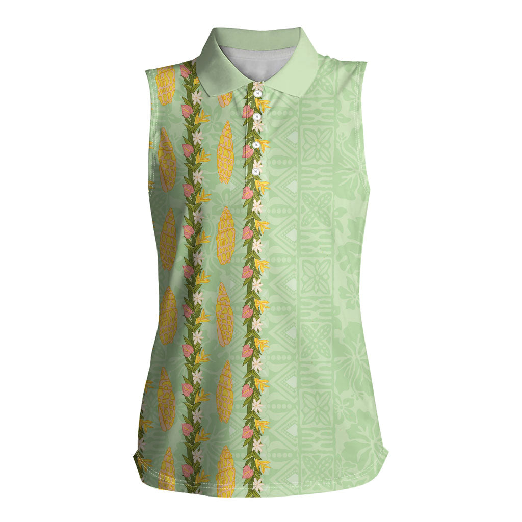 Hawaii Shell Tiare Anthurium Heliconia Lei Women Sleeveless Polo Shirt With Tapa Pattern Baby Green LT05 Female Green - Polynesian Pride