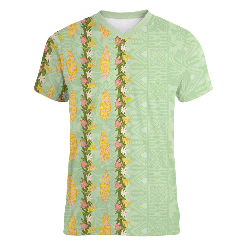 Hawaii Shell Tiare Anthurium Heliconia Lei Women V-Neck T-Shirt With Tapa Pattern Baby Green LT05 Female Green - Polynesian Pride
