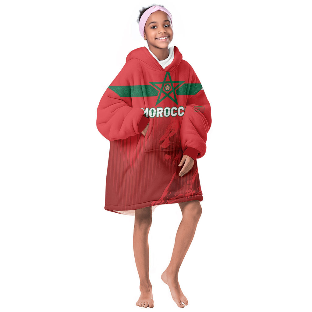 Custom Morocco Football 2026 Kid Wearable Blanket Hoodie Atlas Lions Breathtaking Victory Red Version