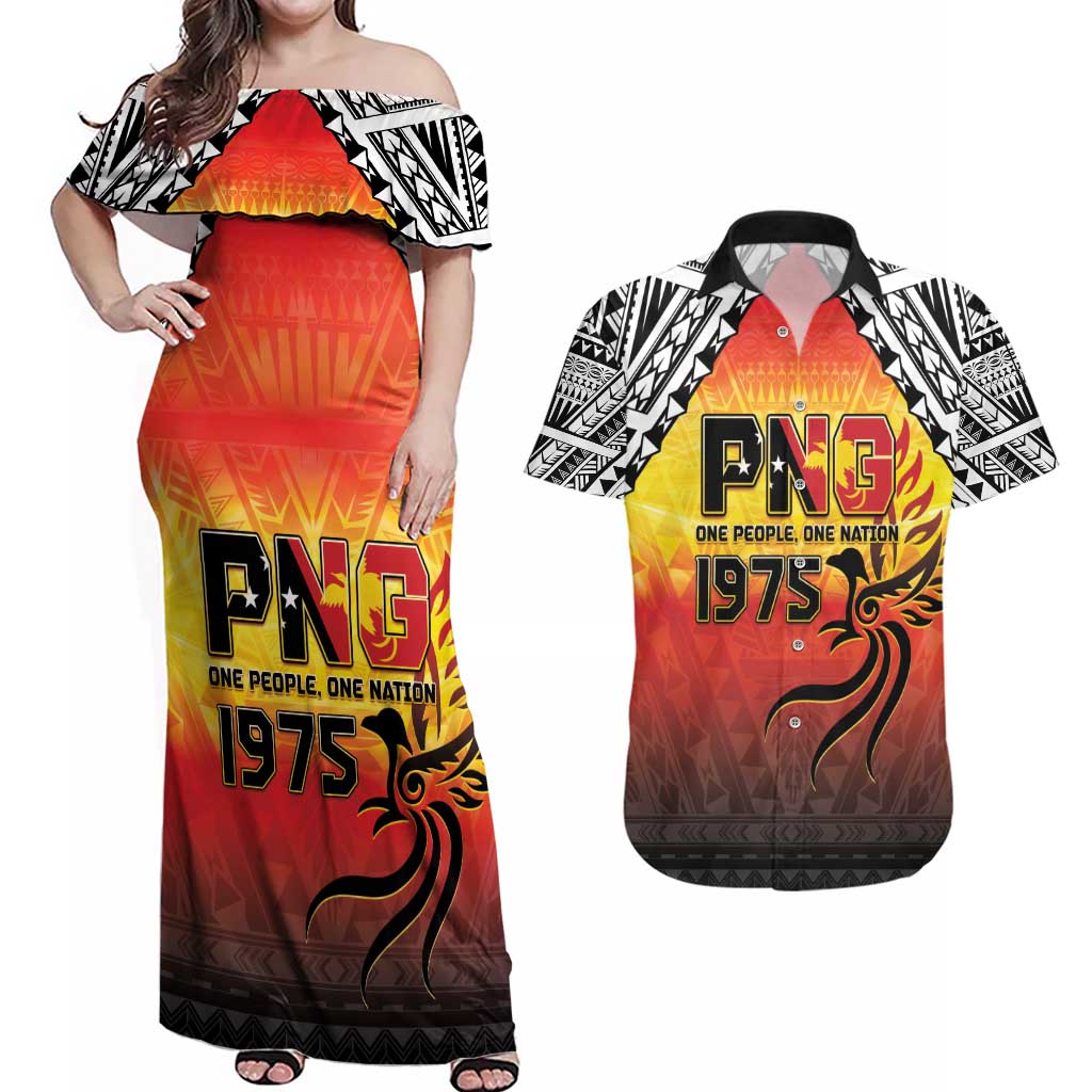 Papua New Guinea 50th Independence Day Couples Matching Off Shoulder Maxi Dress and Hawaiian Shirt One People One Nation One PNG LT05 Yellow - Polynesian Pride