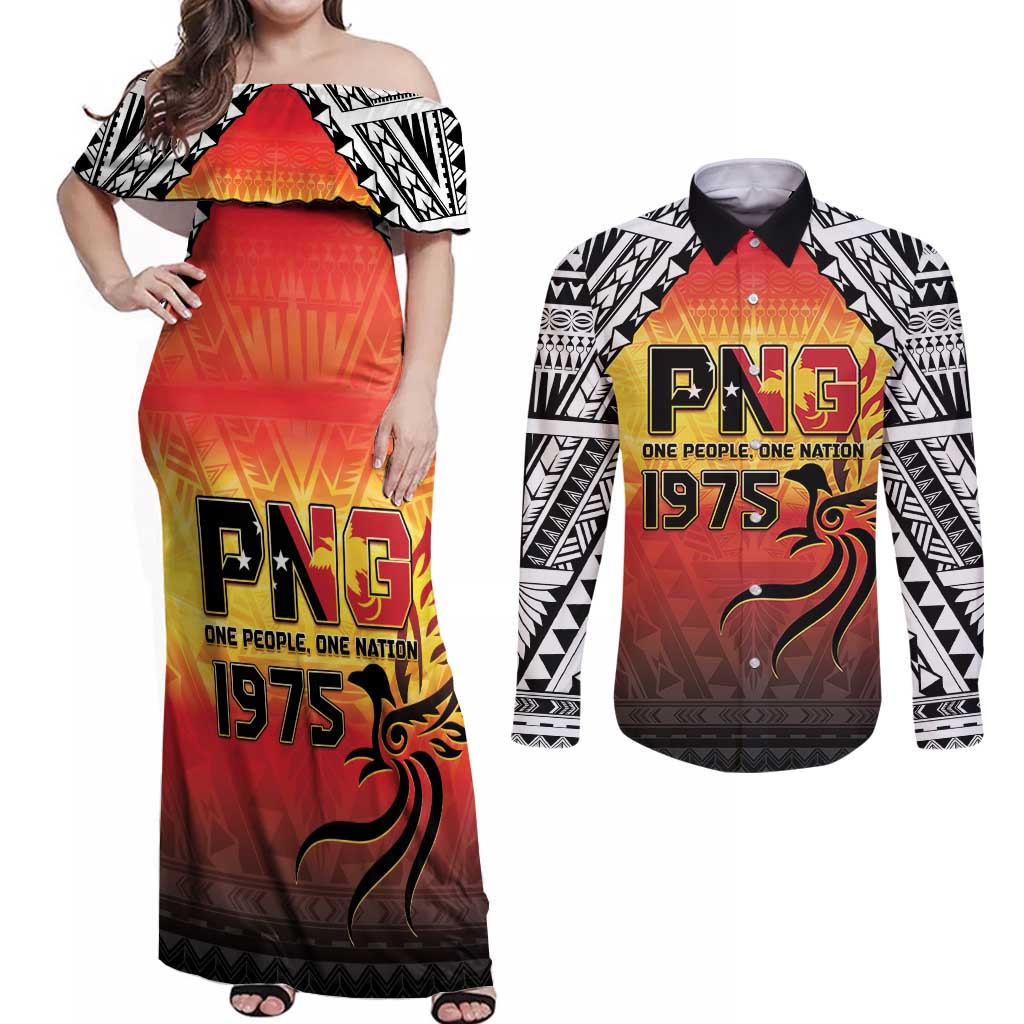 Papua New Guinea 50th Independence Day Couples Matching Off Shoulder Maxi Dress and Long Sleeve Button Shirt One People One Nation One PNG LT05 Yellow - Polynesian Pride