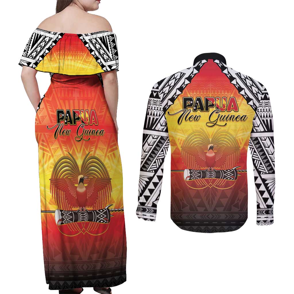 Papua New Guinea 50th Independence Day Couples Matching Off Shoulder Maxi Dress and Long Sleeve Button Shirt One People One Nation One PNG LT05 - Polynesian Pride