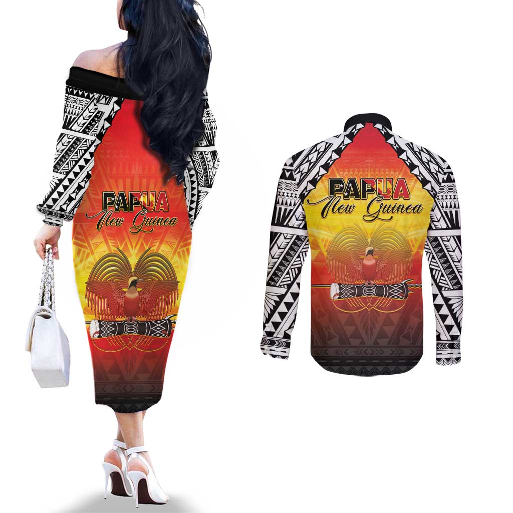 Papua New Guinea 50th Independence Day Couples Matching Off The Shoulder Long Sleeve Dress and Long Sleeve Button Shirt One People One Nation One PNG LT05 - Polynesian Pride