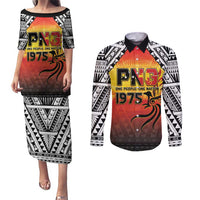 Papua New Guinea 50th Independence Day Couples Matching Puletasi and Long Sleeve Button Shirt One People One Nation One PNG LT05 Yellow - Polynesian Pride