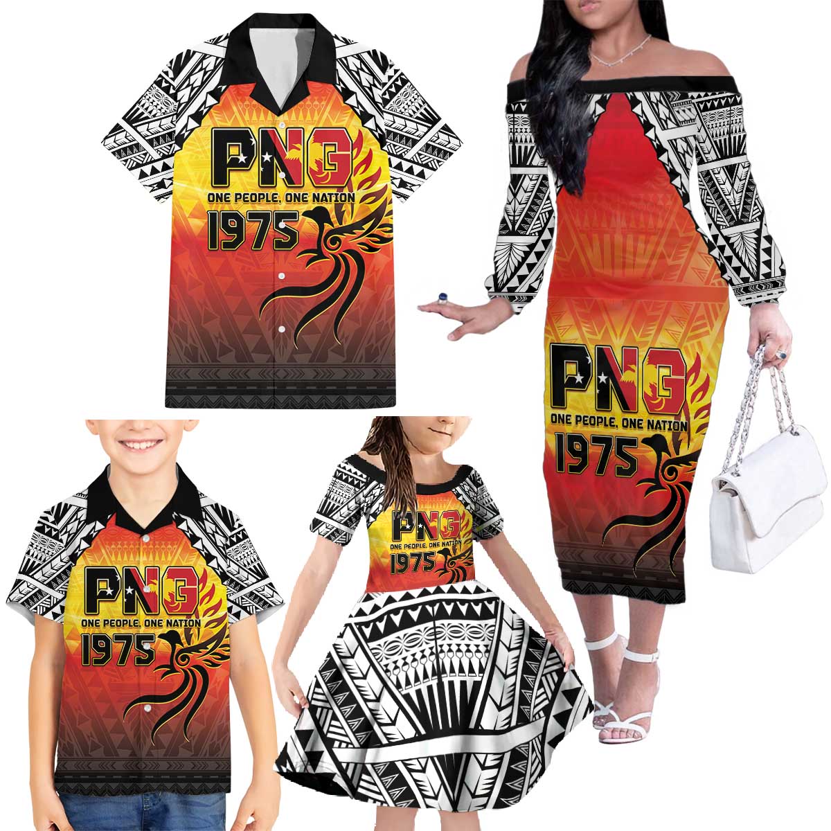 Papua New Guinea 50th Independence Day Family Matching Off The Shoulder Long Sleeve Dress and Hawaiian Shirt One People One Nation One PNG LT05 - Polynesian Pride