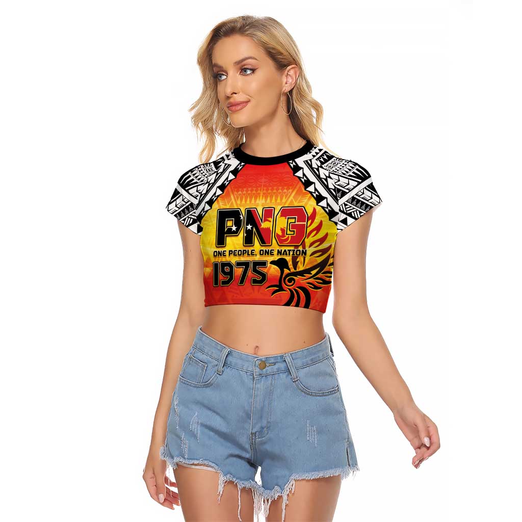 Papua New Guinea 50th Independence Day Raglan Cropped T Shirt One People One Nation One PNG LT05 Female Yellow - Polynesian Pride