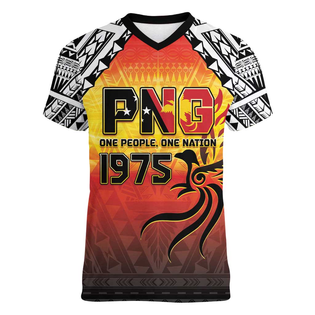 Papua New Guinea 50th Independence Day Women V-Neck T-Shirt One People One Nation One PNG LT05 Female Yellow - Polynesian Pride