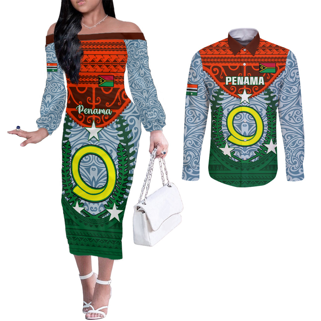 Vanuatu Penama Province Couples Matching Off The Shoulder Long Sleeve Dress and Long Sleeve Button Shirts Vanuatuan Coat Of Arms Polynesian Pattern LT05 Green - Polynesian Pride