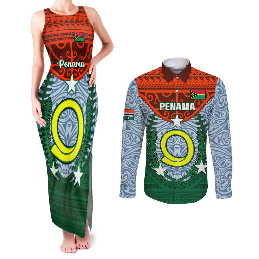 Vanuatu Penama Province Couples Matching Tank Maxi Dress and Long Sleeve Button Shirts Vanuatuan Coat Of Arms Polynesian Pattern LT05 Green - Polynesian Pride