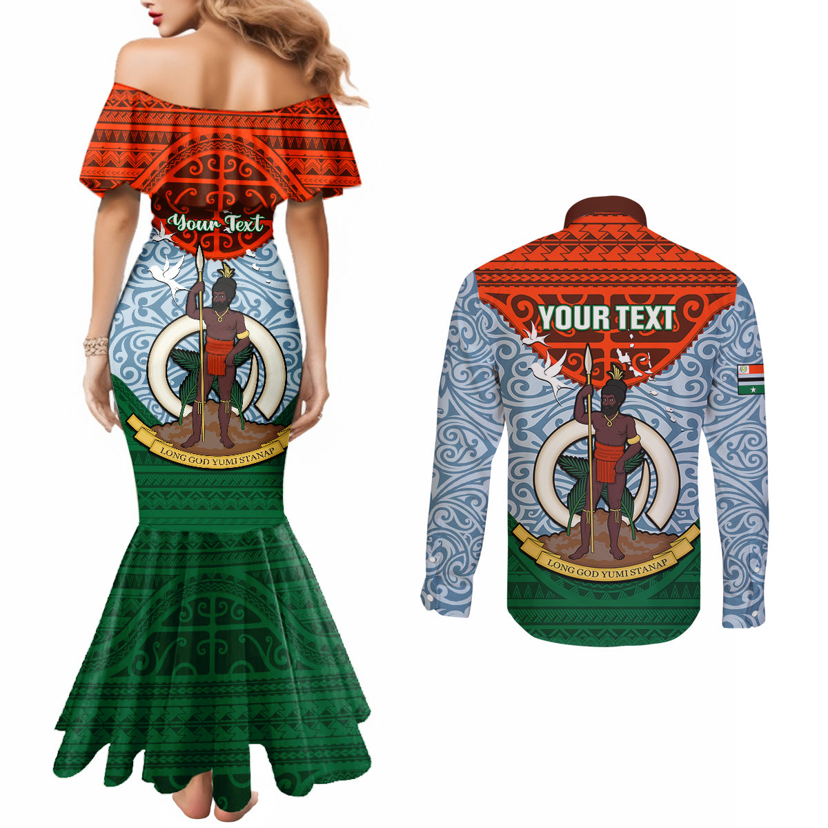 Personalized Vanuatu Penama Province Couples Matching Mermaid Dress and Long Sleeve Button Shirts Vanuatuan Coat Of Arms Polynesian Pattern LT05 - Polynesian Pride