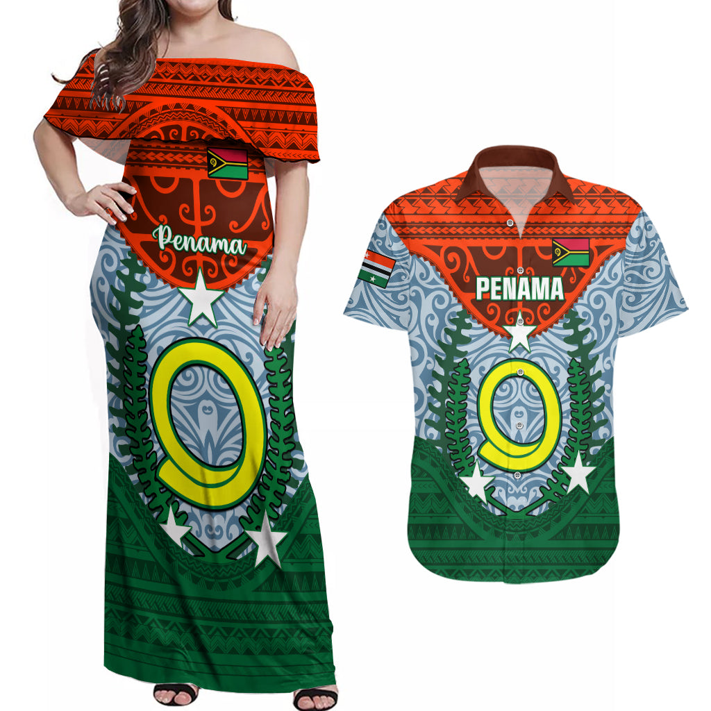 Personalized Vanuatu Penama Province Couples Matching Off Shoulder Maxi Dress and Hawaiian Shirt Vanuatuan Coat Of Arms Polynesian Pattern LT05 Green - Polynesian Pride