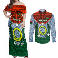 Personalized Vanuatu Penama Province Couples Matching Off Shoulder Maxi Dress and Long Sleeve Button Shirts Vanuatuan Coat Of Arms Polynesian Pattern LT05 Green - Polynesian Pride