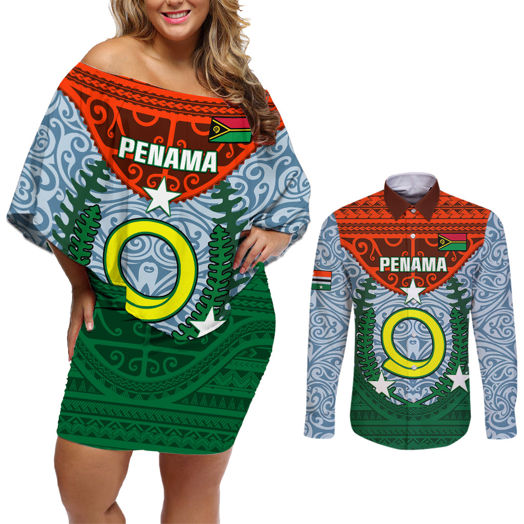 Personalized Vanuatu Penama Province Couples Matching Off Shoulder Short Dress and Long Sleeve Button Shirts Vanuatuan Coat Of Arms Polynesian Pattern LT05 Green - Polynesian Pride
