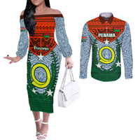 Personalized Vanuatu Penama Province Couples Matching Off The Shoulder Long Sleeve Dress and Long Sleeve Button Shirts Vanuatuan Coat Of Arms Polynesian Pattern LT05 Green - Polynesian Pride