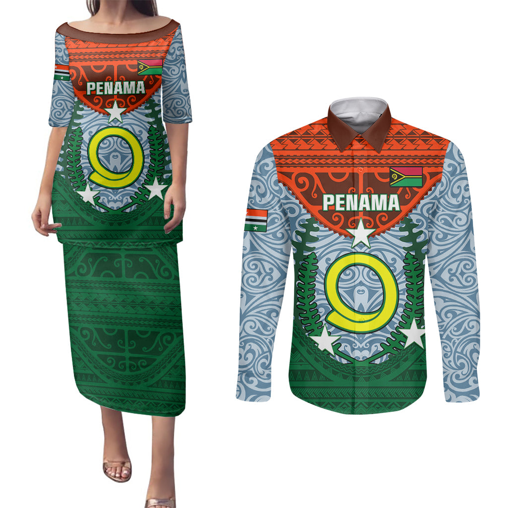 Personalized Vanuatu Penama Province Couples Matching Puletasi Dress and Long Sleeve Button Shirts Vanuatuan Coat Of Arms Polynesian Pattern LT05 Green - Polynesian Pride