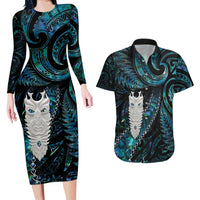 New Zealand Aotearoa Couples Matching Long Sleeve Bodycon Dress and Hawaiian Shirt Maori Tane Te Waiora Paua Shell Glitter Turquoise LT05 Turquoise - Polynesian Pride