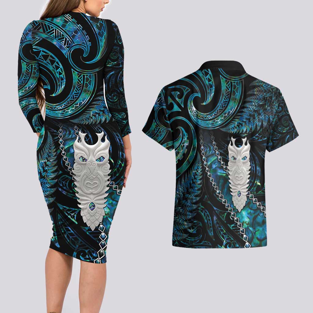 New Zealand Aotearoa Couples Matching Long Sleeve Bodycon Dress and Hawaiian Shirt Maori Tane Te Waiora Paua Shell Glitter Turquoise LT05 - Polynesian Pride