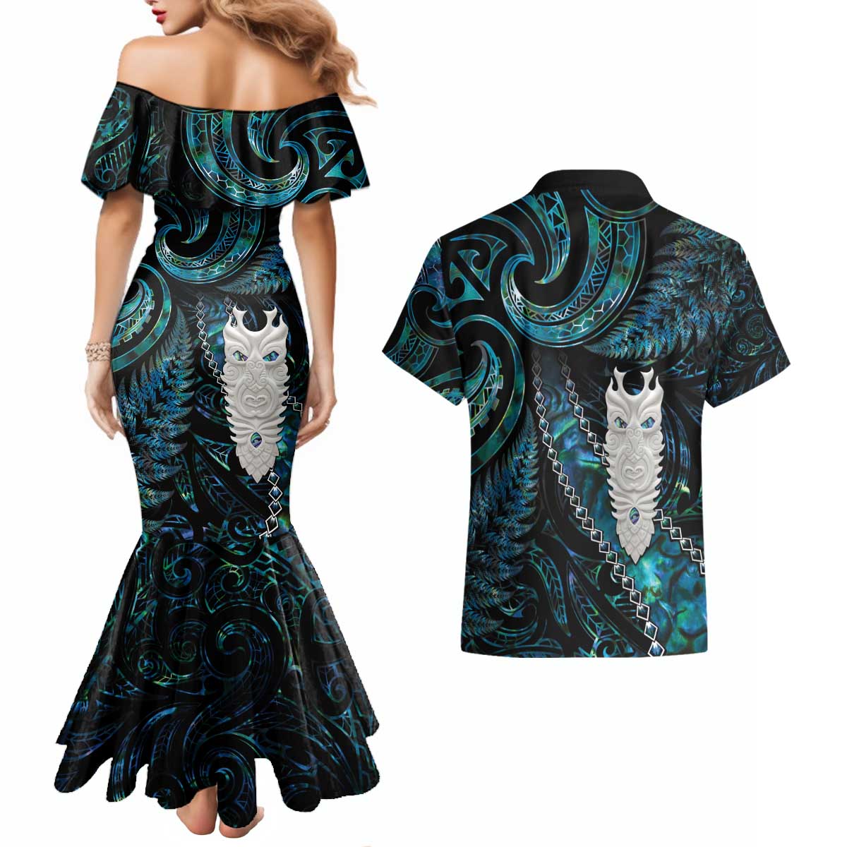 New Zealand Aotearoa Couples Matching Mermaid Dress and Hawaiian Shirt Maori Tane Te Waiora Paua Shell Glitter Turquoise LT05 - Polynesian Pride