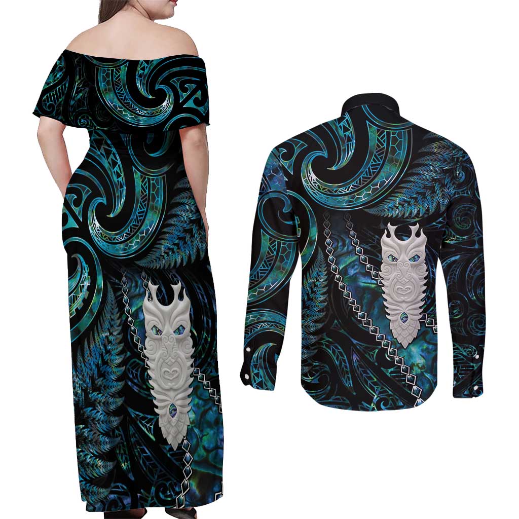 New Zealand Aotearoa Couples Matching Off Shoulder Maxi Dress and Long Sleeve Button Shirt Maori Tane Te Waiora Paua Shell Glitter Turquoise LT05 - Polynesian Pride