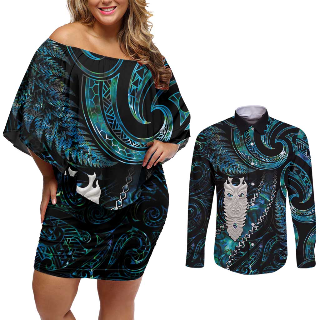 New Zealand Aotearoa Couples Matching Off Shoulder Short Dress and Long Sleeve Button Shirt Maori Tane Te Waiora Paua Shell Glitter Turquoise LT05 Turquoise - Polynesian Pride