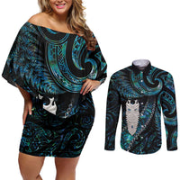 New Zealand Aotearoa Couples Matching Off Shoulder Short Dress and Long Sleeve Button Shirt Maori Tane Te Waiora Paua Shell Glitter Turquoise LT05 Turquoise - Polynesian Pride