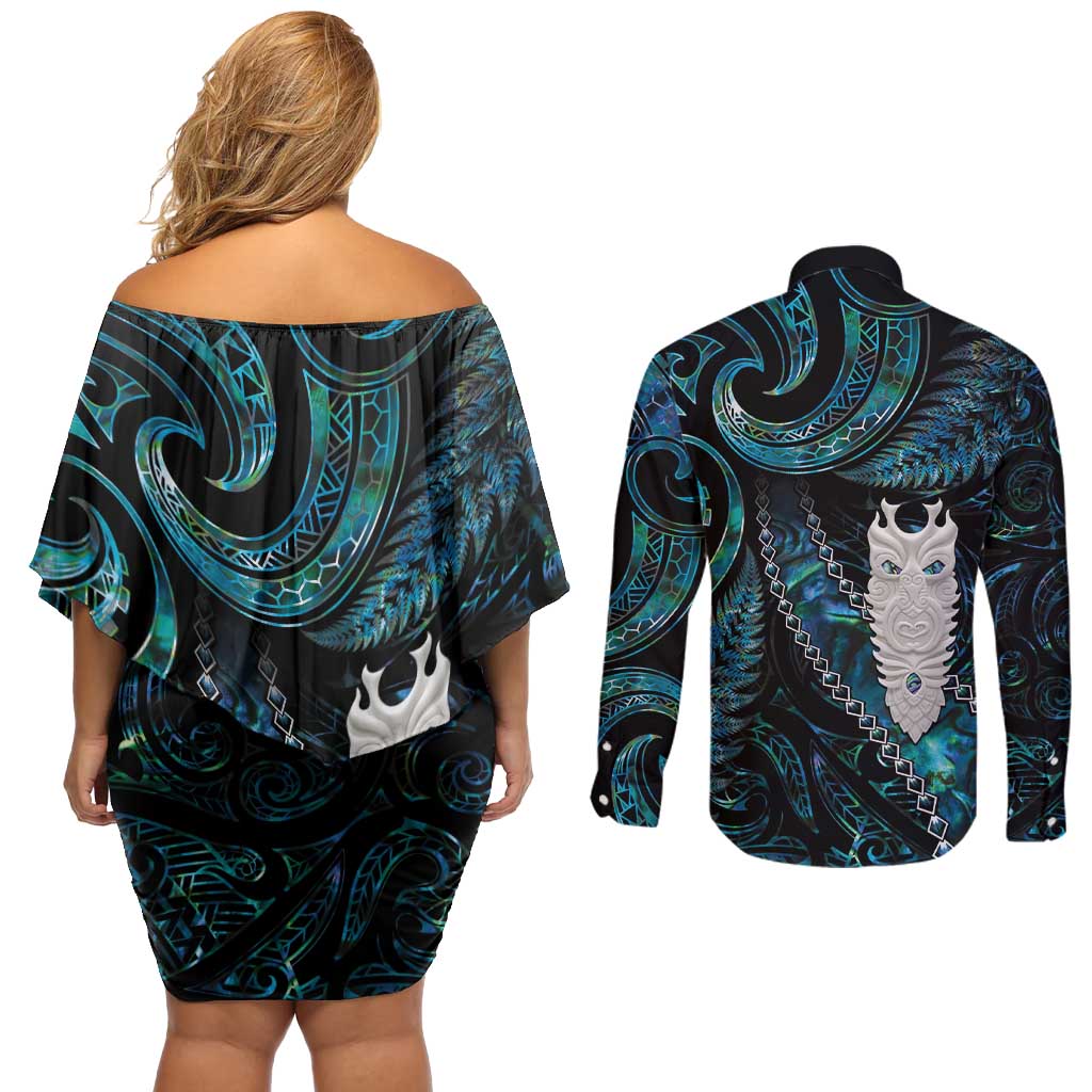 New Zealand Aotearoa Couples Matching Off Shoulder Short Dress and Long Sleeve Button Shirt Maori Tane Te Waiora Paua Shell Glitter Turquoise LT05 - Polynesian Pride