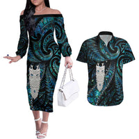 New Zealand Aotearoa Couples Matching Off The Shoulder Long Sleeve Dress and Hawaiian Shirt Maori Tane Te Waiora Paua Shell Glitter Turquoise LT05 Turquoise - Polynesian Pride
