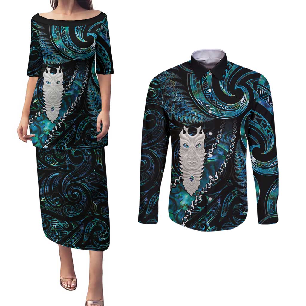 New Zealand Aotearoa Couples Matching Puletasi and Long Sleeve Button Shirt Maori Tane Te Waiora Paua Shell Glitter Turquoise LT05 Turquoise - Polynesian Pride
