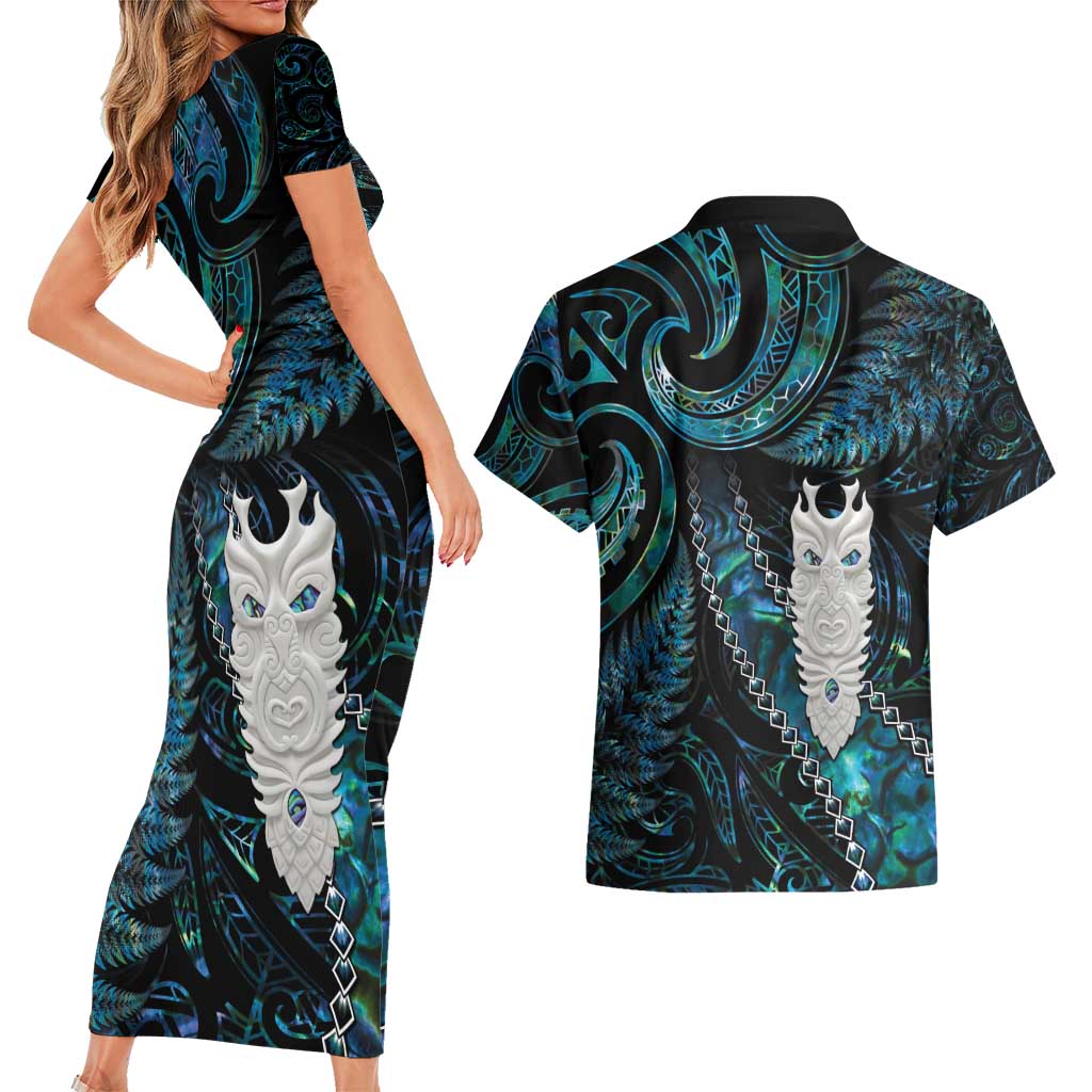 New Zealand Aotearoa Couples Matching Short Sleeve Bodycon Dress and Hawaiian Shirt Maori Tane Te Waiora Paua Shell Glitter Turquoise LT05 - Polynesian Pride
