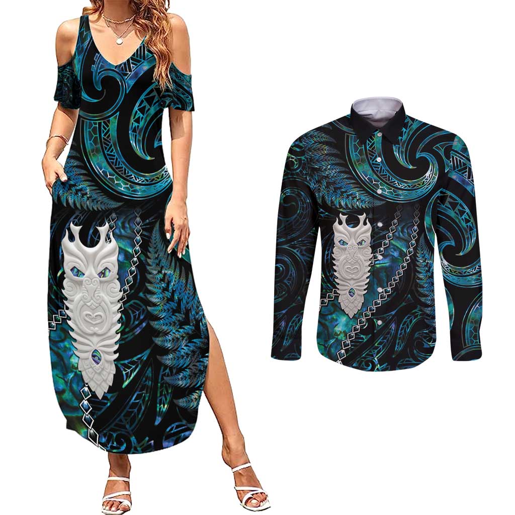 New Zealand Aotearoa Couples Matching Summer Maxi Dress and Long Sleeve Button Shirt Maori Tane Te Waiora Paua Shell Glitter Turquoise LT05 Turquoise - Polynesian Pride