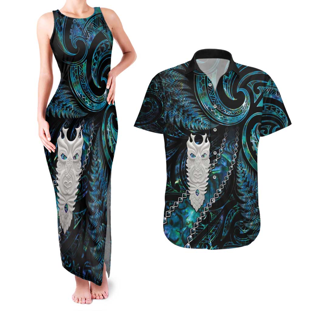 New Zealand Aotearoa Couples Matching Tank Maxi Dress and Hawaiian Shirt Maori Tane Te Waiora Paua Shell Glitter Turquoise LT05 Turquoise - Polynesian Pride