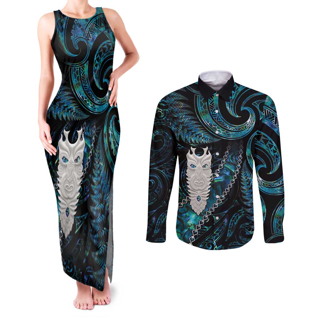 New Zealand Aotearoa Couples Matching Tank Maxi Dress and Long Sleeve Button Shirt Maori Tane Te Waiora Paua Shell Glitter Turquoise LT05 Turquoise - Polynesian Pride