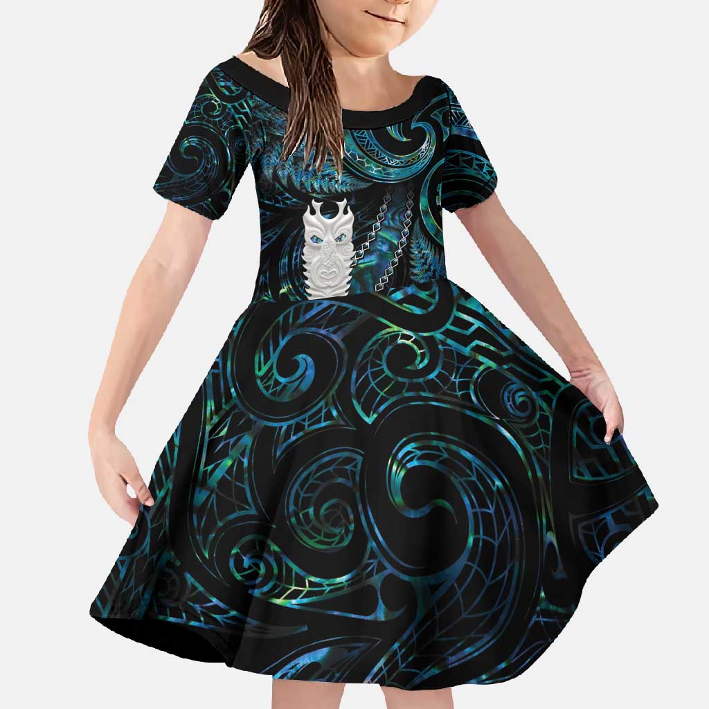 New Zealand Aotearoa Family Matching Mermaid Dress and Hawaiian Shirt Maori Tane Te Waiora Paua Shell Glitter Turquoise LT05 Daughter's Dress Turquoise - Polynesian Pride