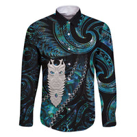 New Zealand Aotearoa Family Matching Mermaid Dress and Hawaiian Shirt Maori Tane Te Waiora Paua Shell Glitter Turquoise LT05 Dad's Shirt - Long Sleeve Turquoise - Polynesian Pride