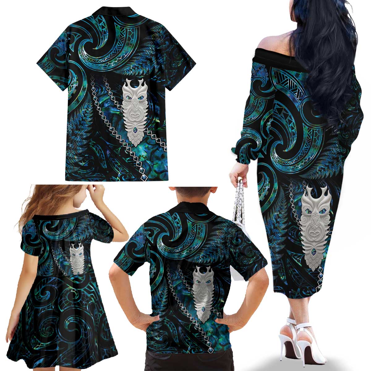 New Zealand Aotearoa Family Matching Off The Shoulder Long Sleeve Dress and Hawaiian Shirt Maori Tane Te Waiora Paua Shell Glitter Turquoise LT05 - Polynesian Pride