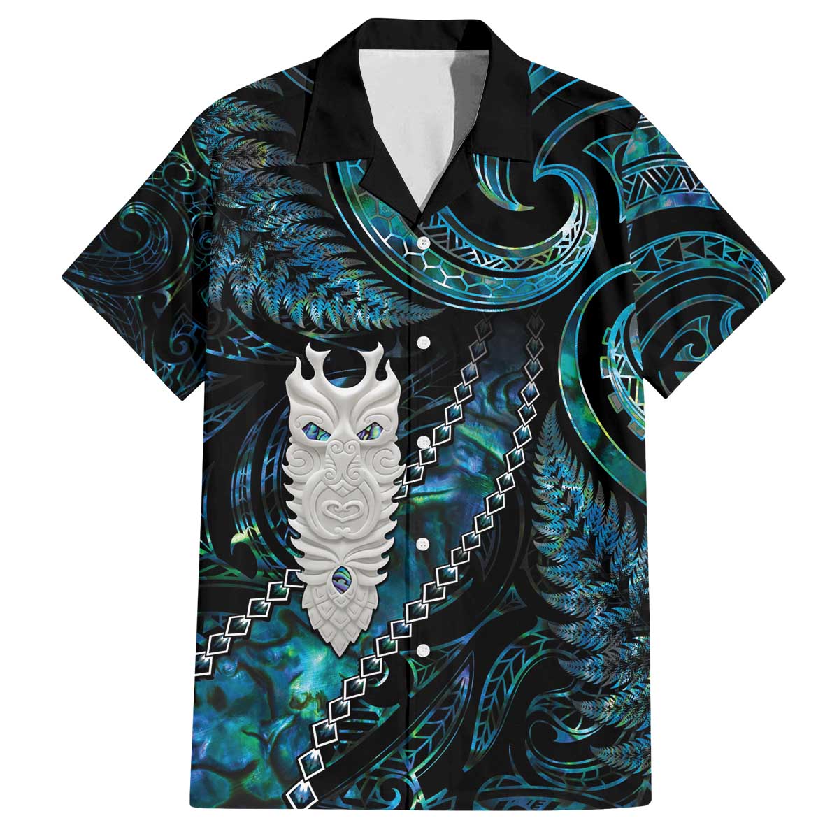 New Zealand Aotearoa Family Matching Off The Shoulder Long Sleeve Dress and Hawaiian Shirt Maori Tane Te Waiora Paua Shell Glitter Turquoise LT05 Dad's Shirt - Short Sleeve Turquoise - Polynesian Pride