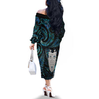 New Zealand Aotearoa Family Matching Off The Shoulder Long Sleeve Dress and Hawaiian Shirt Maori Tane Te Waiora Paua Shell Glitter Turquoise LT05 - Polynesian Pride