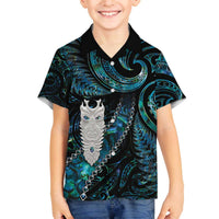 New Zealand Aotearoa Family Matching Off The Shoulder Long Sleeve Dress and Hawaiian Shirt Maori Tane Te Waiora Paua Shell Glitter Turquoise LT05 Son's Shirt Turquoise - Polynesian Pride
