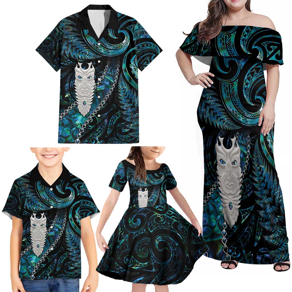 New Zealand Aotearoa Family Matching Off Shoulder Maxi Dress and Hawaiian Shirt Maori Tane Te Waiora Paua Shell Glitter Turquoise LT05 - Polynesian Pride