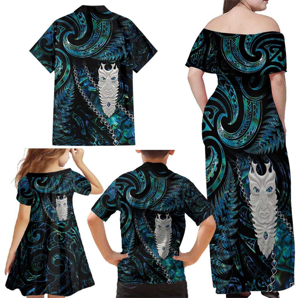 New Zealand Aotearoa Family Matching Off Shoulder Maxi Dress and Hawaiian Shirt Maori Tane Te Waiora Paua Shell Glitter Turquoise LT05 - Polynesian Pride